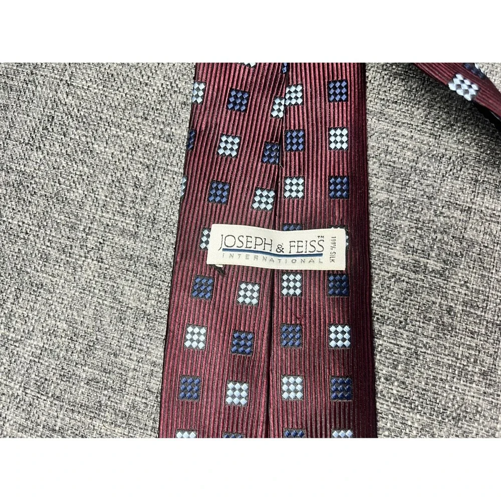 Joseph & Feiss Burgundy Silk Geometric Square Pattern Hand Made Necktie XL 63in